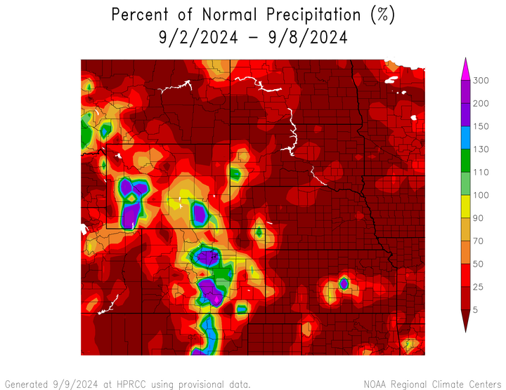 Departure from 1991-2020 normal precipitation in the High Plains Region