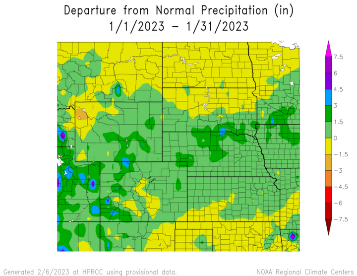Departure from 1991-2020 normal precipitation in the High Plains Region