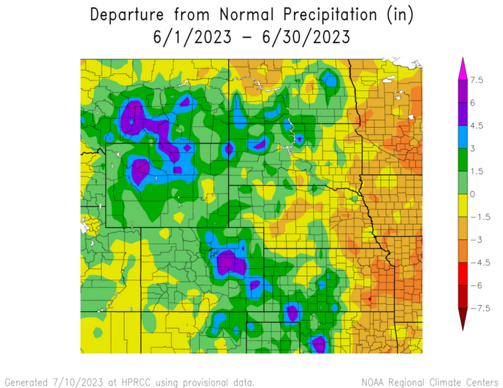 Departure from 1991-2020 normal precipitation in the High Plains Region