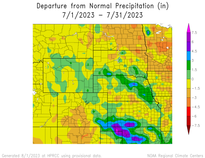 Departure from 1991-2020 normal precipitation in the High Plains Region