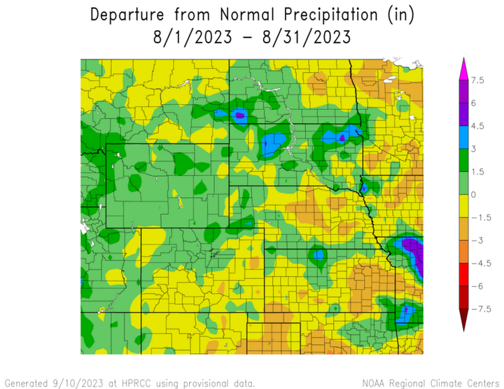 Departure from 1991-2020 normal precipitation in the High Plains Region