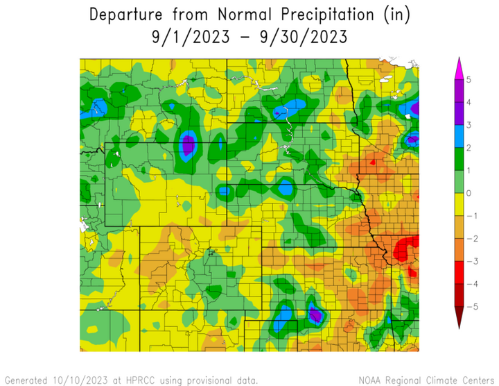Departure from 1991-2020 normal precipitation in the High Plains Region
