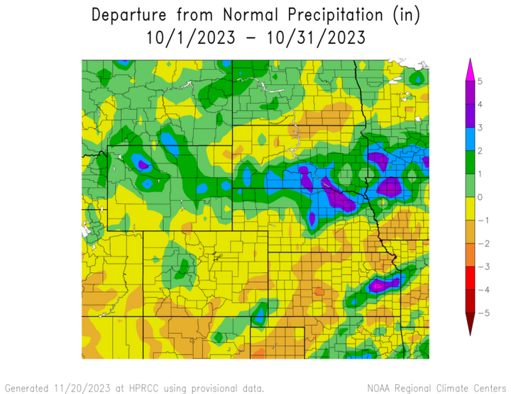 Departure from 1991-2020 normal precipitation in the High Plains Region