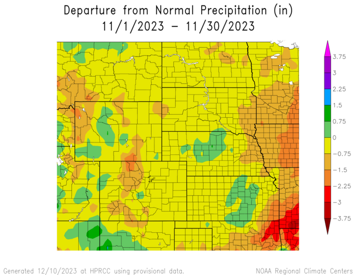 Departure from 1991-2020 normal precipitation in the High Plains Region