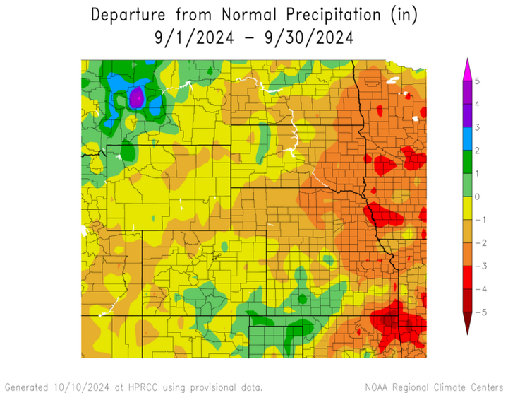 Departure from 1991-2020 normal precipitation in the High Plains Region