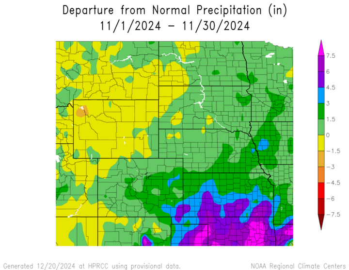 Departure from 1991-2020 normal precipitation in the High Plains Region