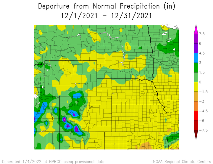 Departure from 1991-2020 normal precipitation in the High Plains Region