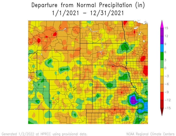 Departure from 1991-2020 normal precipitation in the High Plains Region