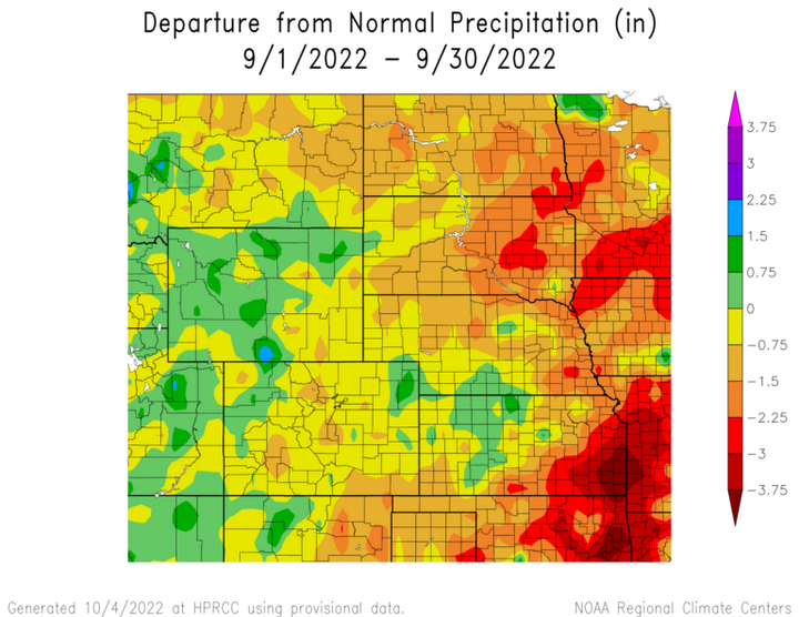 Departure from 1991-2020 normal precipitation in the High Plains Region
