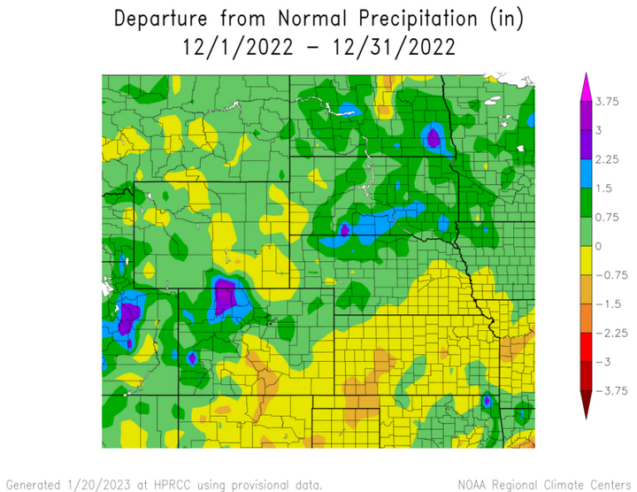 Departure from 1991-2020 normal precipitation in the High Plains Region