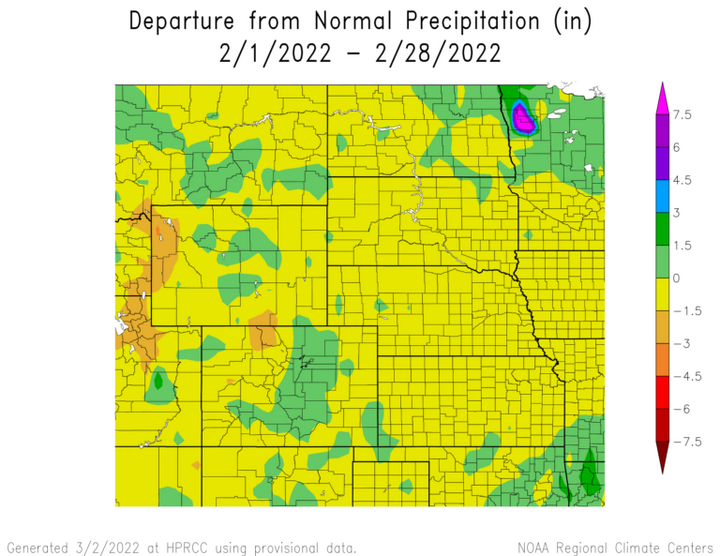 Departure from 1991-2020 normal precipitation in the High Plains Region