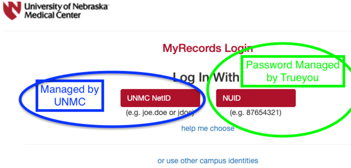 My Records login page with NUID button highlighted
