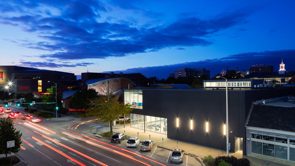 Johnny Carson Emerging Media Arts Center nighttime street view