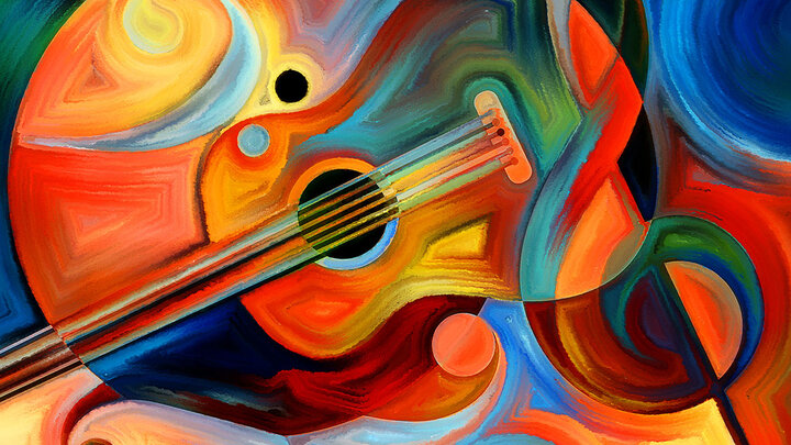 Abstract art of a colorful guitar with swirling patterns and vibrant curves.