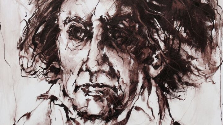 Sketch-style portrait of a serious man with wild hair, wearing a white shirt and orange scarf.