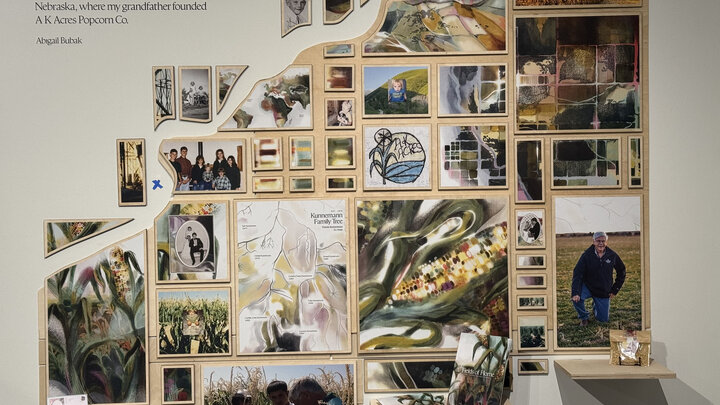 Collage of photos and artwork on rural life, family, farming, and popcorn production with shelves displaying items.