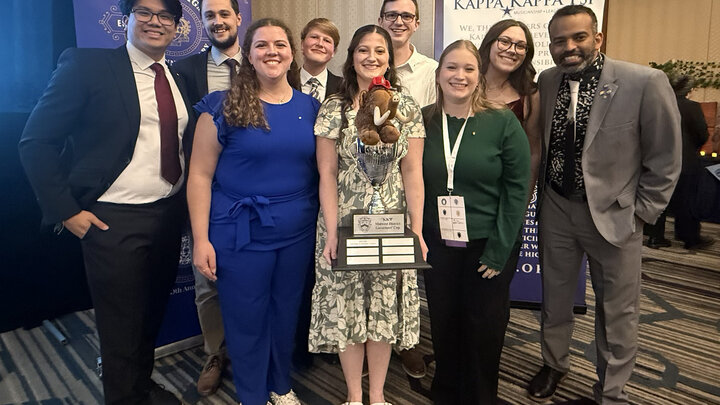 Left to right: Viet Nguyen (KKPsi Governor), Brandon Urkoski, Katy Taylor, Devin Tubbs, Megan Wilderman, Nick Mowery, Ellie Hoegemeyer, Paige Germer and Kerry Anthony Walker (KKPsi Governor). Courtesy photo.
