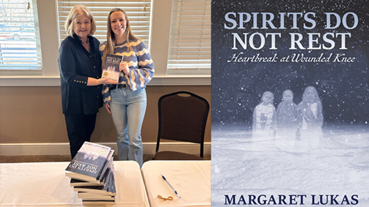 Left: Ellie Maxwell (right) with author Margaret Lukas. Right: The cover design for “Spirits Do Not Rest: Heartbreak at Wounded Knee,” designed by Maxwell. Courtesy photos.