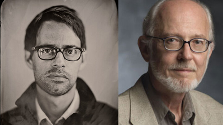 Two portraits side by side; one is a vintage black-and-white, the other a modern color photograph.