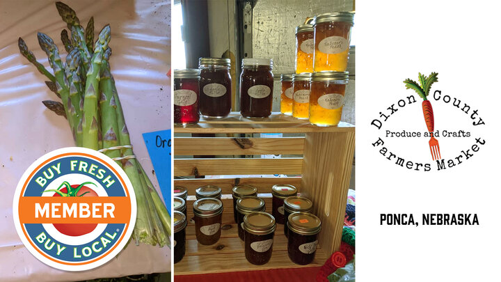 Dixon County Farmers Market Spotlight photo featuring locally grown asparagus and homemade jams and honeys