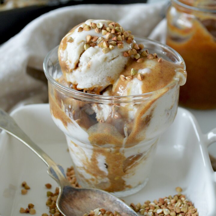 Ice cream covered in caramel