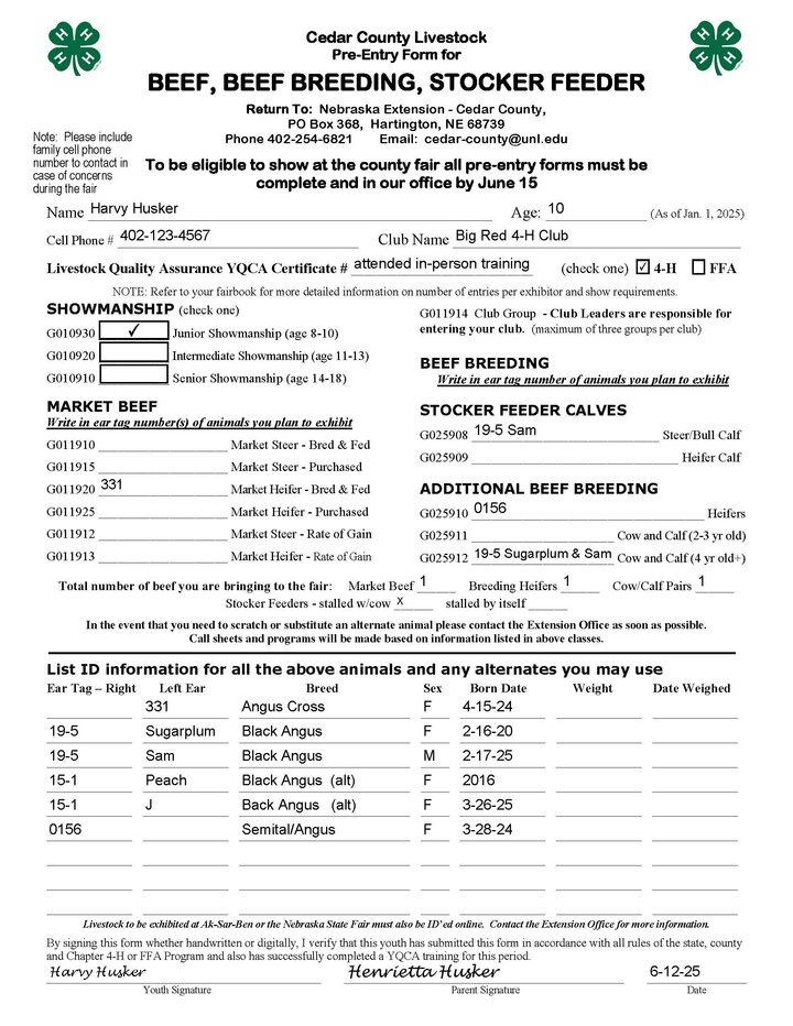 Cedar County Beef Show Pre-Entry Form Example
