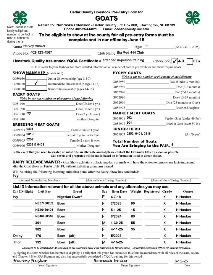 Cedar County Fair Goat Pre-Entry Form