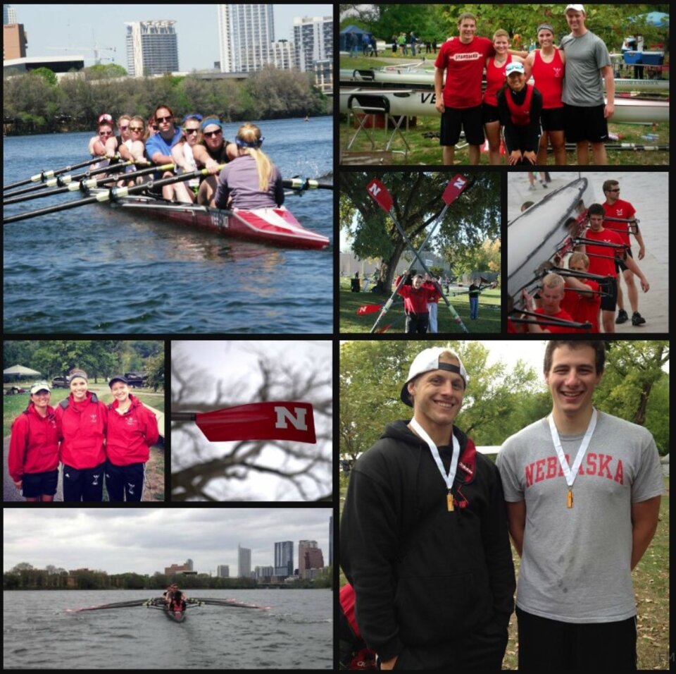 Multiple pictures of club members rowing, carrying a shell, posing with medeals, and posing as a group.