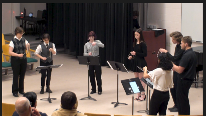An image of seven people in a semicircle playing triangles.