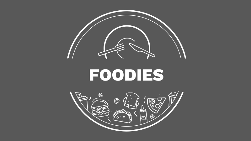 Foodies white emblem on gray background.