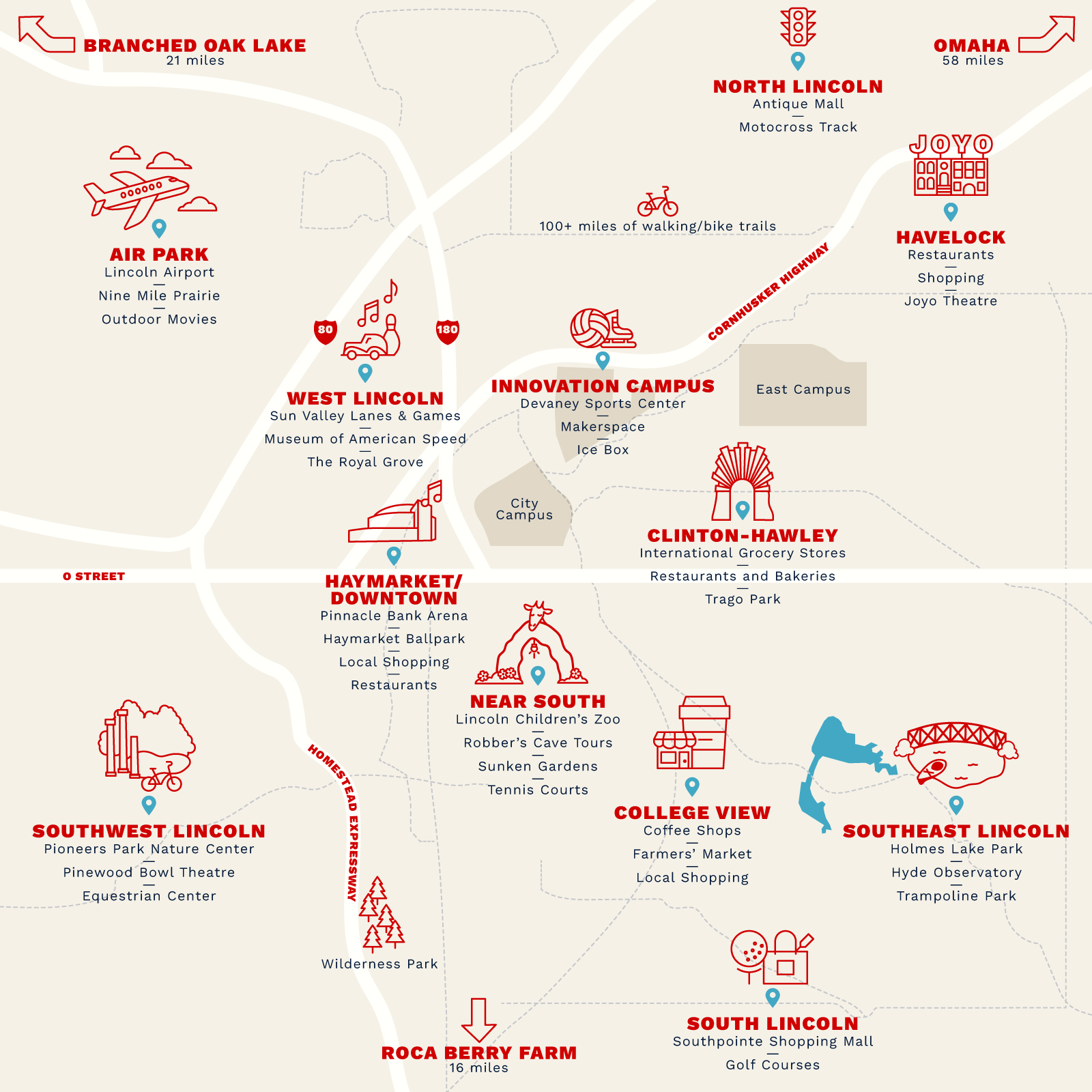 A map of Lincoln shows various neighborhoods and things to do across the city, from seeing a game at the ballpark to shopping in the Haymarket; to visiting Holmes Lake Park and the Hyde Observatory in Southeast Lincoln; to satisfying your latest craving at Clinton-Hawley’s international grocery stores, restaurants and bakeries.
