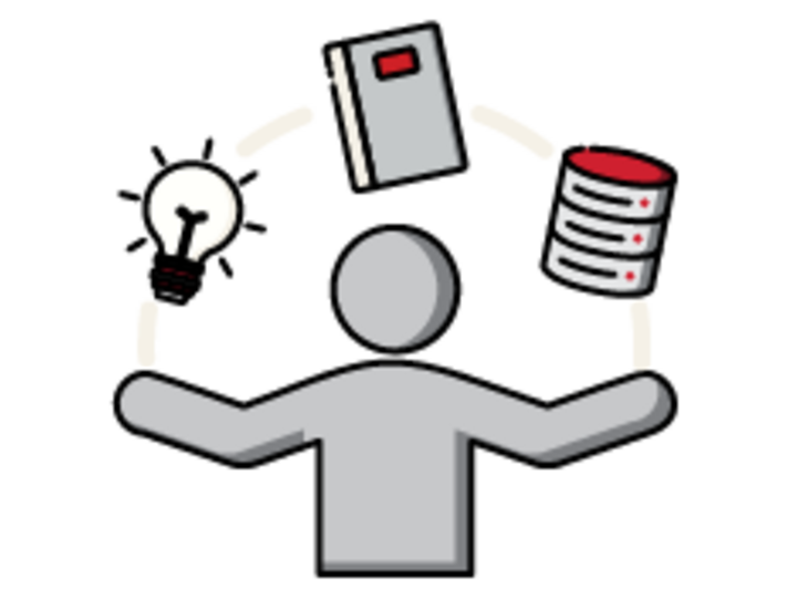 decorative icon of a person juggling books, databases, lightbulbs