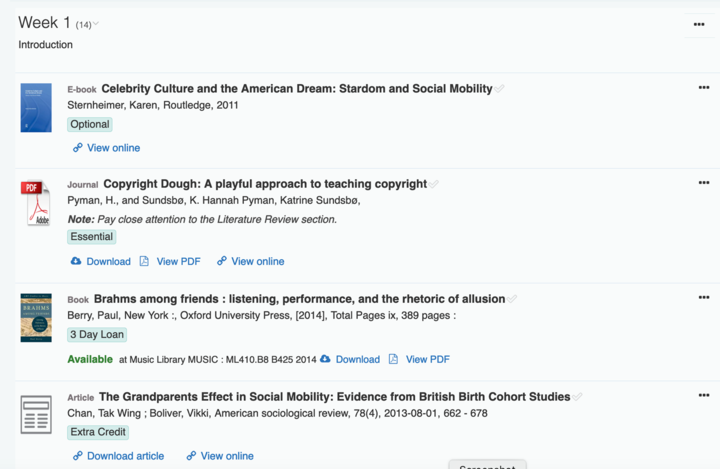 screenshot of Libraries materials displayed in the canvas course with book covers, title and material descriptions