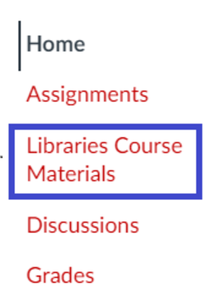 screenshot of the Libraries Course Materials link in the Canvas menu