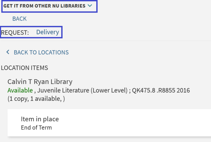 Screenshot of the Get it from other NU Libraries header and Delivery options called out on an items record in the catalog 